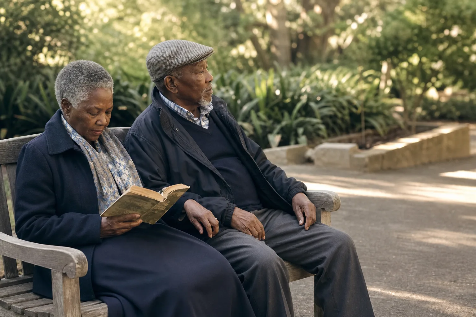 An older couple sharing a wooden bench, one reading while the other looks toward a garden